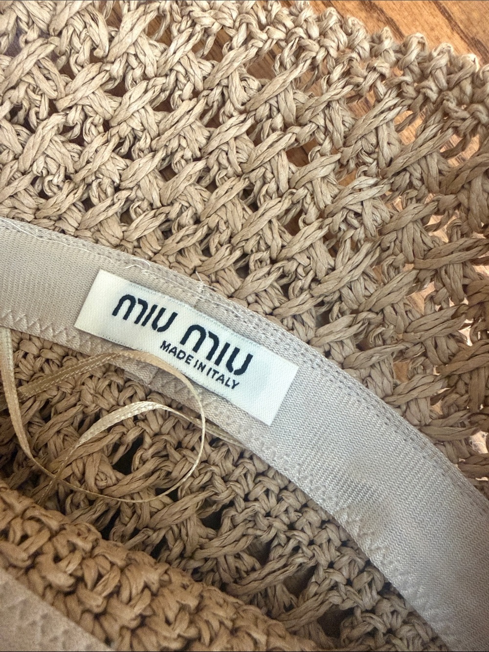 Miu Miu Tan Crochet Bucket Hat with Brown Logo - Picture 5 of 9